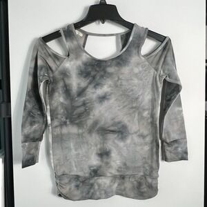 Maurices Womens Size XS Gray Tie Dye Cold Shoulder Top Stretch Keyhole Back EUC